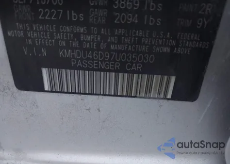 2007 Hyundai Elantra Gls/Limited/Se from USA, damaged, VIN KMHDU46D97U035030